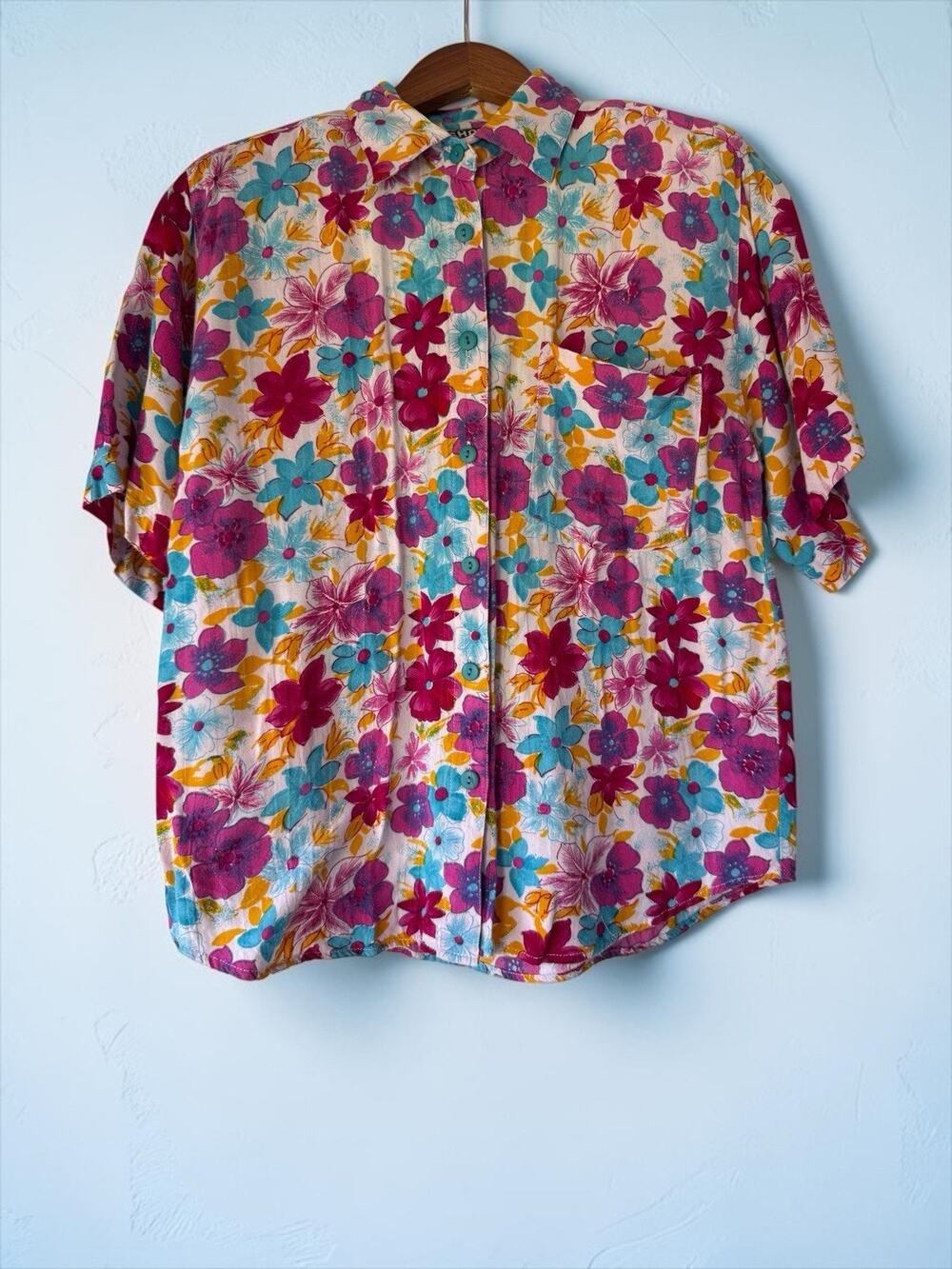 Short Walk Women Floral Button-Up Collared Short Sleeve Rayon Blouse Size S